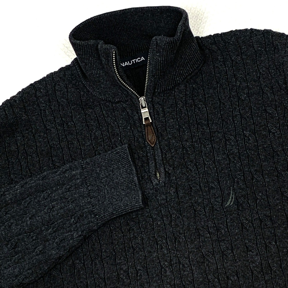 Nautica 1/4 Zip Cable Knit Sweater Mens L Gray 100% Cotton Pullover